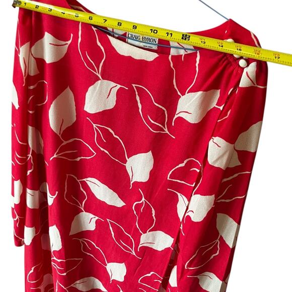Vintage Craig Byron NY Pink Leaf Print Silky Midi Dress w/ Button Shoulder M - Picture 7 of 8
